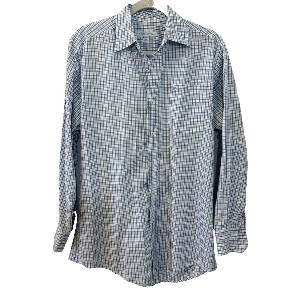 Southern Tide Mens Shirt Blue Medium Stretch Cotton Plaid Classic Fit Button Up